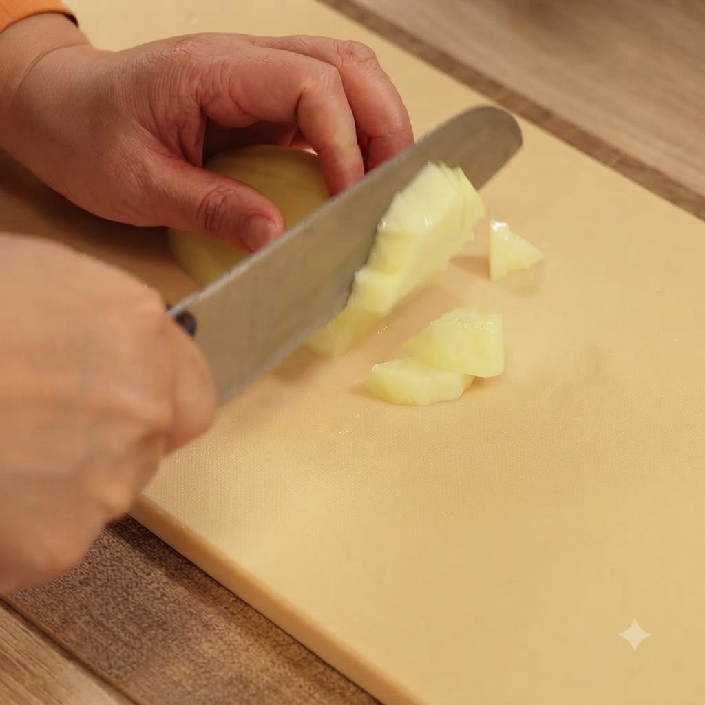 A kitchen knife slicing a potato into small cubes on a beige cutting board.