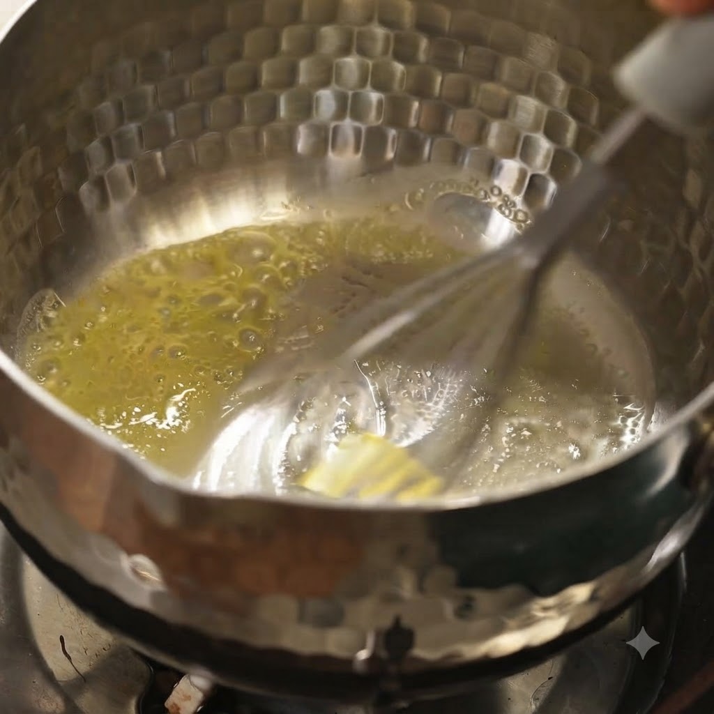 Butter melting in a metal pot being whisked smooth.
