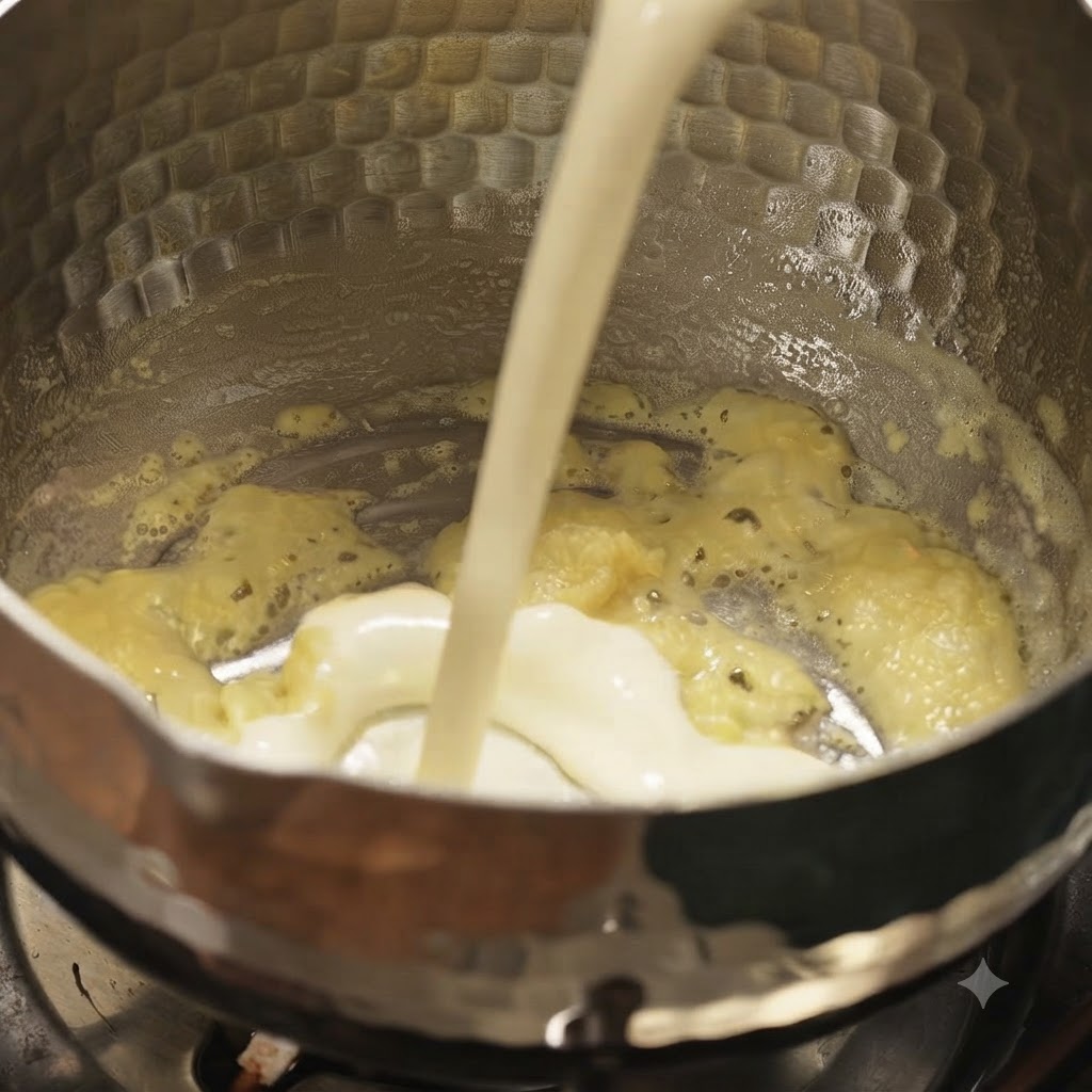 Milk being poured into a pot containing a cooked butter and flour roux.
