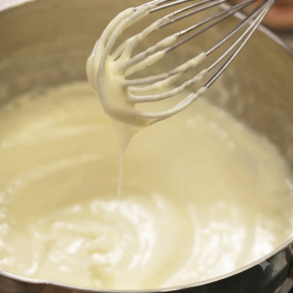 A whisk coated in a thick, smooth white cream sauce lifted above a pot.