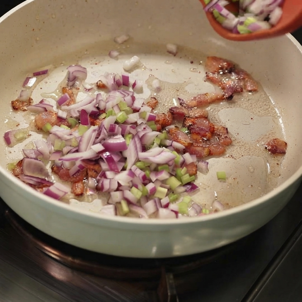 Diced red onions, celery, and potatoes being poured into a pan with browned bacon pieces.