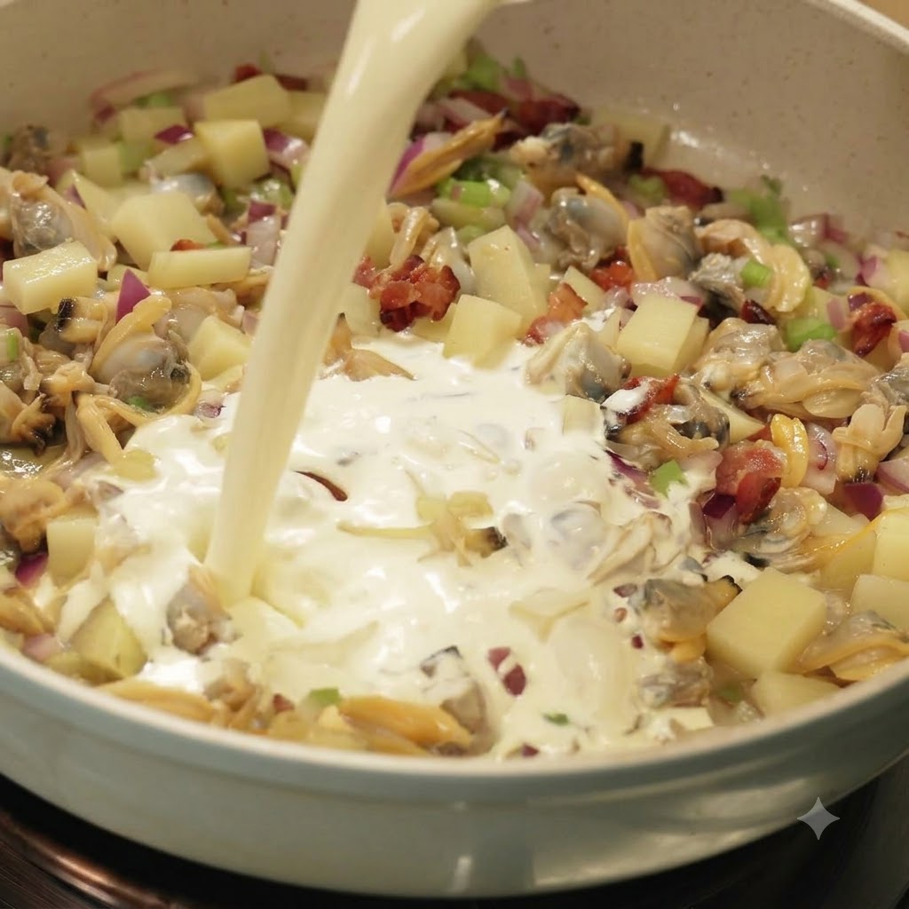 Milk and light cream being poured from a measuring cup into a pan filled with sautéed vegetables, bacon, and clams.