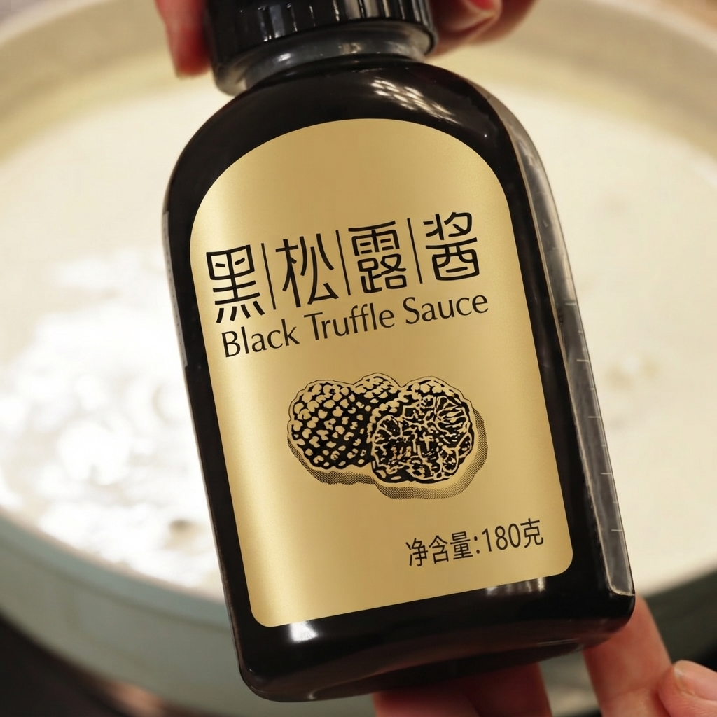 A bottle labeled Black Truffle Sauce held over a pot of creamy soup.
