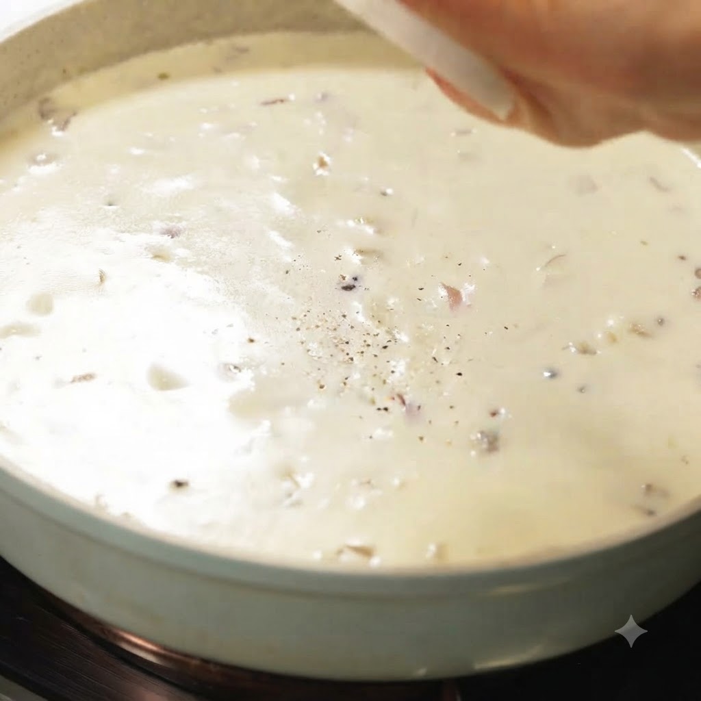 Black pepper and sea salt being sprinkled onto a simmering pot of creamy soup.