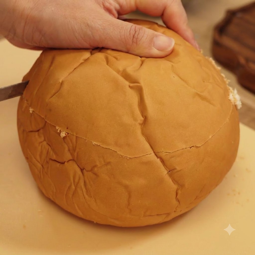 A hand using a knife to slice off the top crust of a round bread loaf.