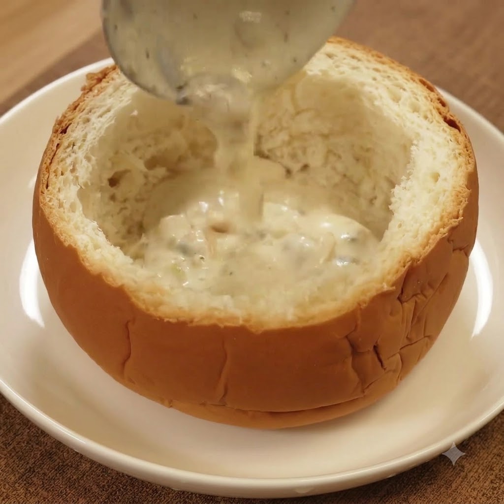 Thick creamy clam chowder being ladled into a hollowed-out bread loaf resting on a white plate.