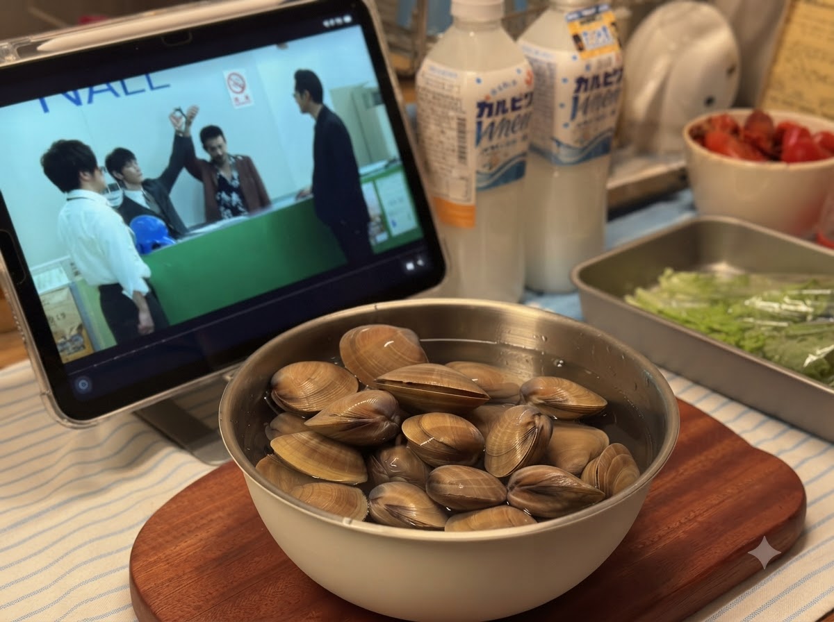 A metal bowl filled with water and soaking clams sitting on a wooden board.