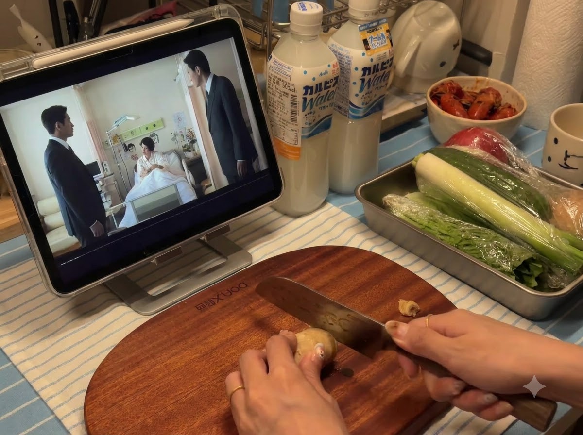 Ginger root being sliced into thin pieces on a wooden cutting board with a kitchen knife.