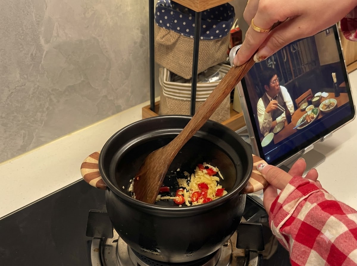 A wooden spatula stirring minced garlic and chili peppers inside a black ceramic pot on the stove.