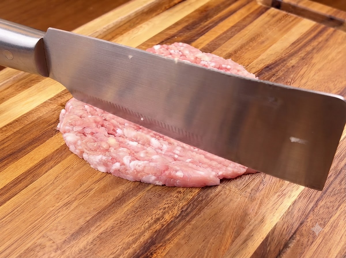 A sharp cleaver chopping fresh pork meat on a wooden cutting board.