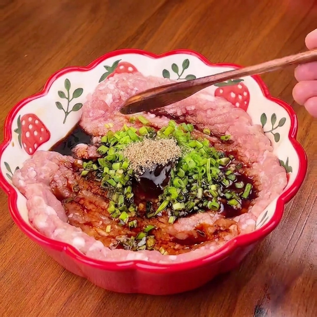 Gloved hands mixing minced pork with seasonings and green onions in a bowl using a wooden spoon.