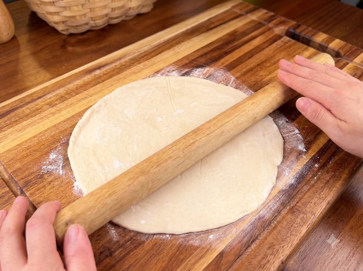 A spoonful of marinated meat filling resting in the center of a rolled-out dough circle.