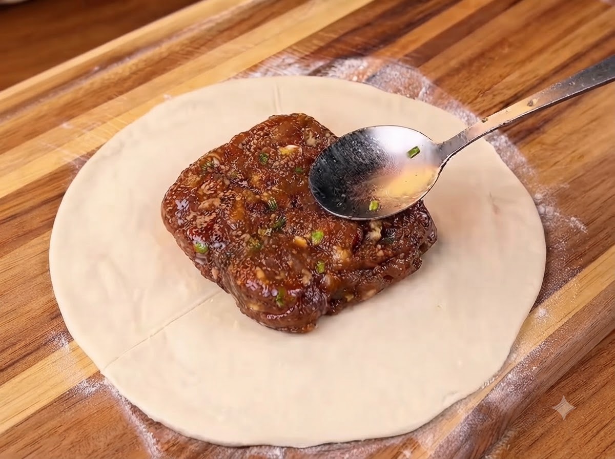 The four sides of the pastry dough folded inward to encase the meat filling into a square package.