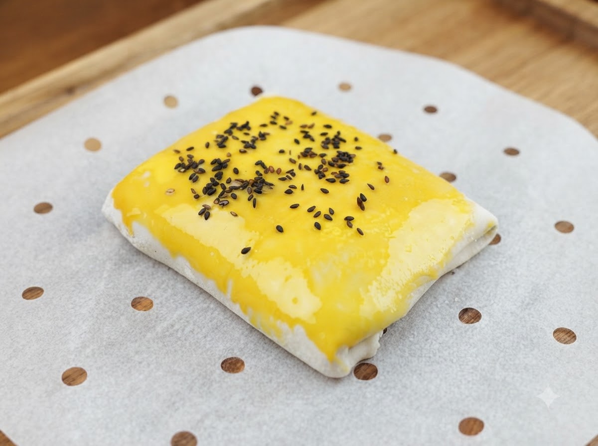 Black sesame seeds being sprinkled over the yellow egg-washed surface of a folded meat pie.