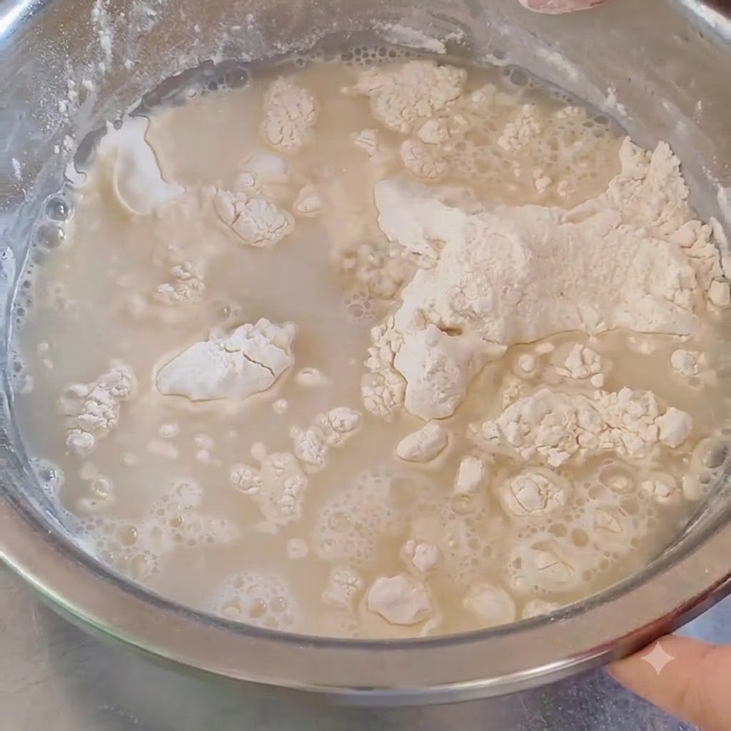 Warm water being poured and mixed into high-gluten flour inside a metal mixing bowl.