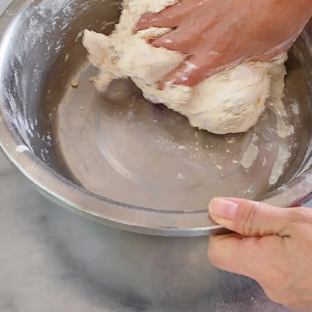 A hand actively kneading sticky dough inside a metal bowl.