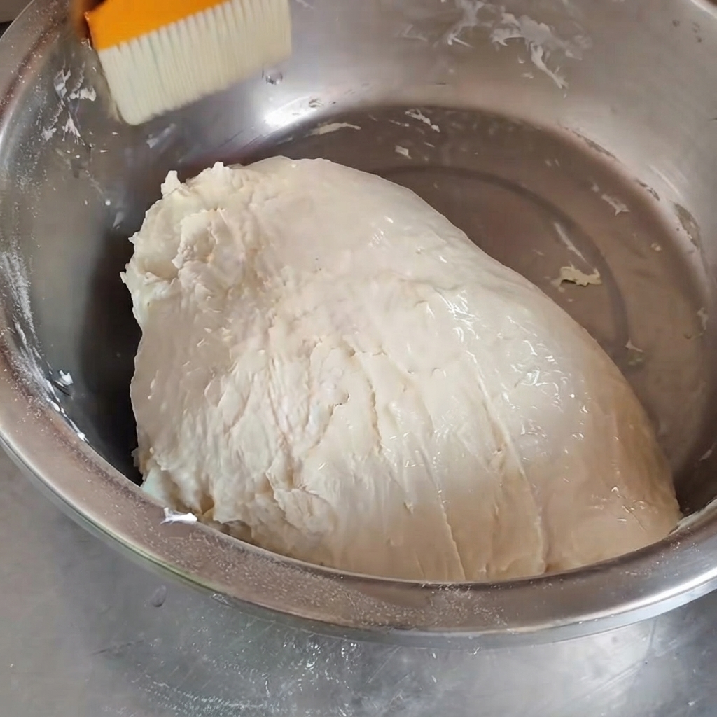 An orange brush applying salad oil onto the surface of a ball of smooth dough in a metal bowl.