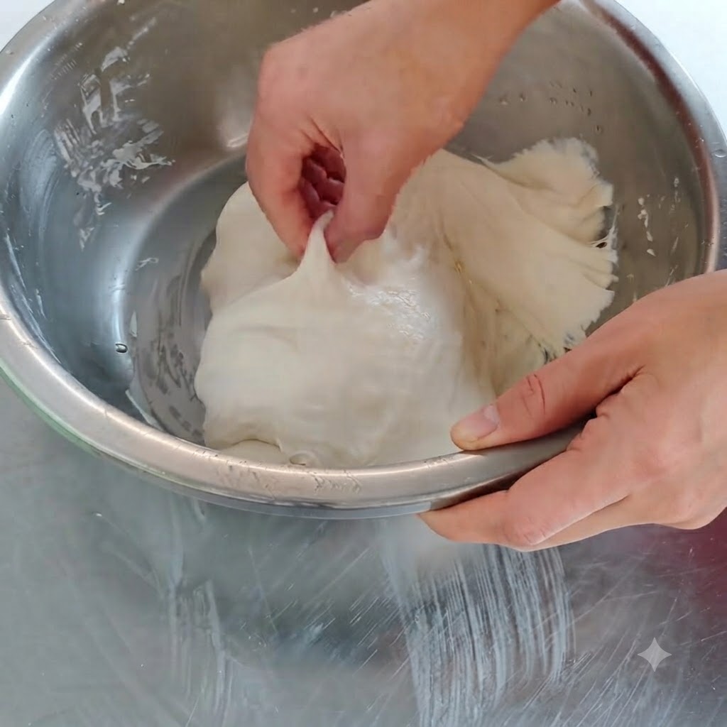 Hands stretching a piece of elastic dough upward from a metal bowl.