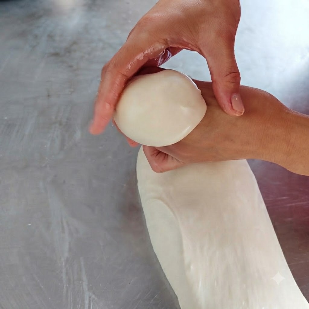 Hands squeezing and shaping a small round piece of dough on an oiled metal workbench.