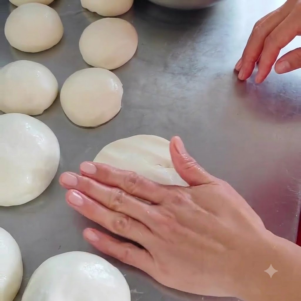 A hand pressing down on a dough ball to flatten it on a metal workbench.