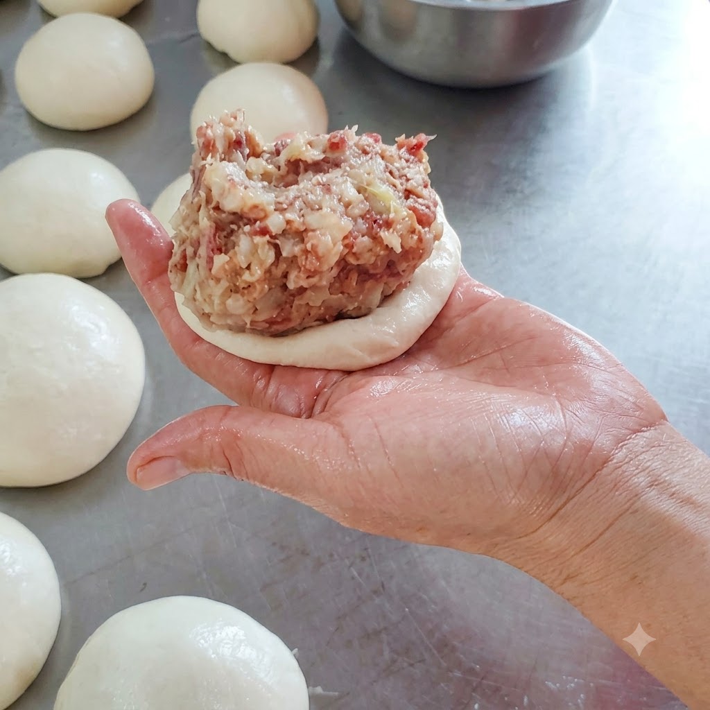 A generous mound of raw seasoned minced meat filling resting on a flattened dough piece held in hand.