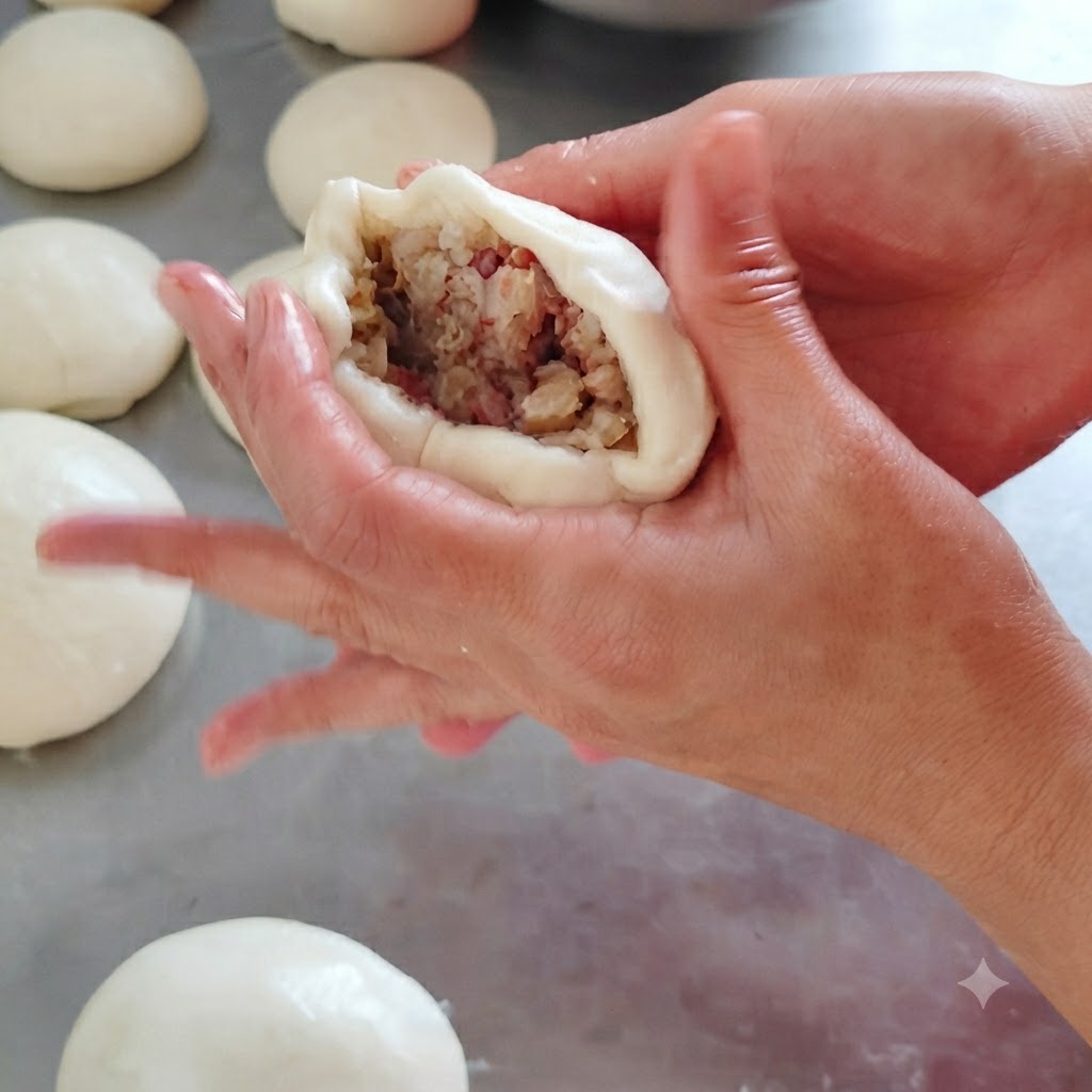 Hands gathering and pinching the edges of the dough to enclose the raw meat filling inside.