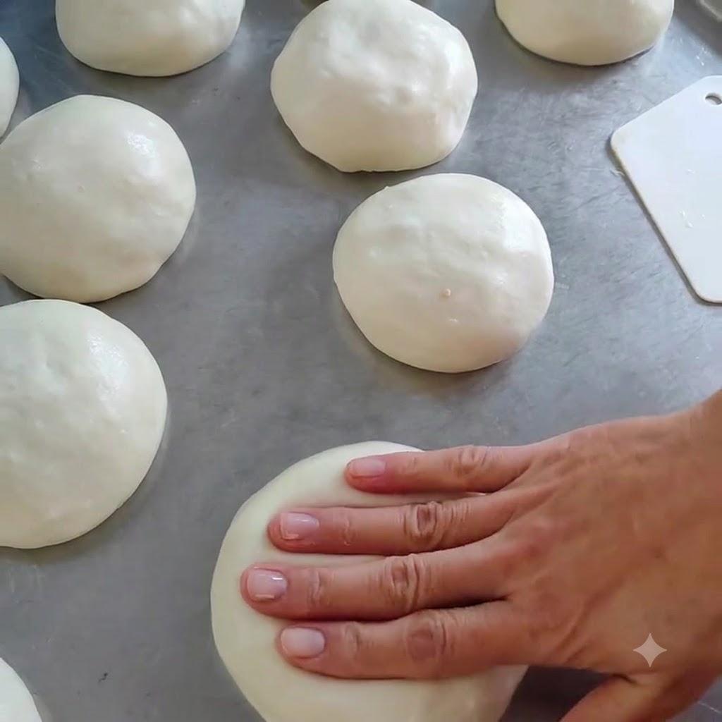A hand gently flattening a stuffed dough ball into a round disc on the stainless steel surface.