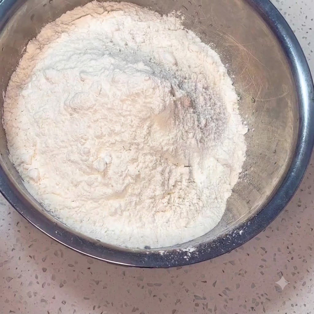 Flour, salt, and warm water combined inside a steel mixing bowl, being stirred with wooden chopsticks.