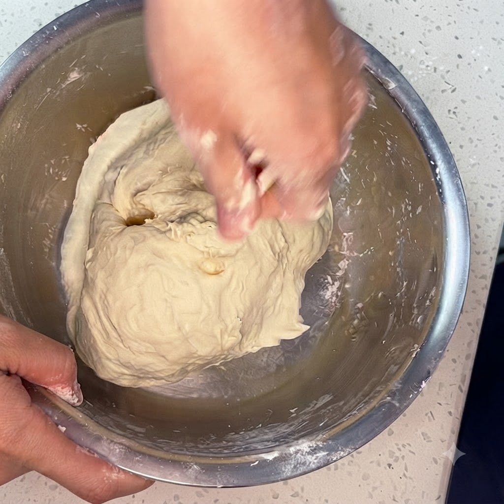 Hands actively kneading dough inside a stainless steel bowl.