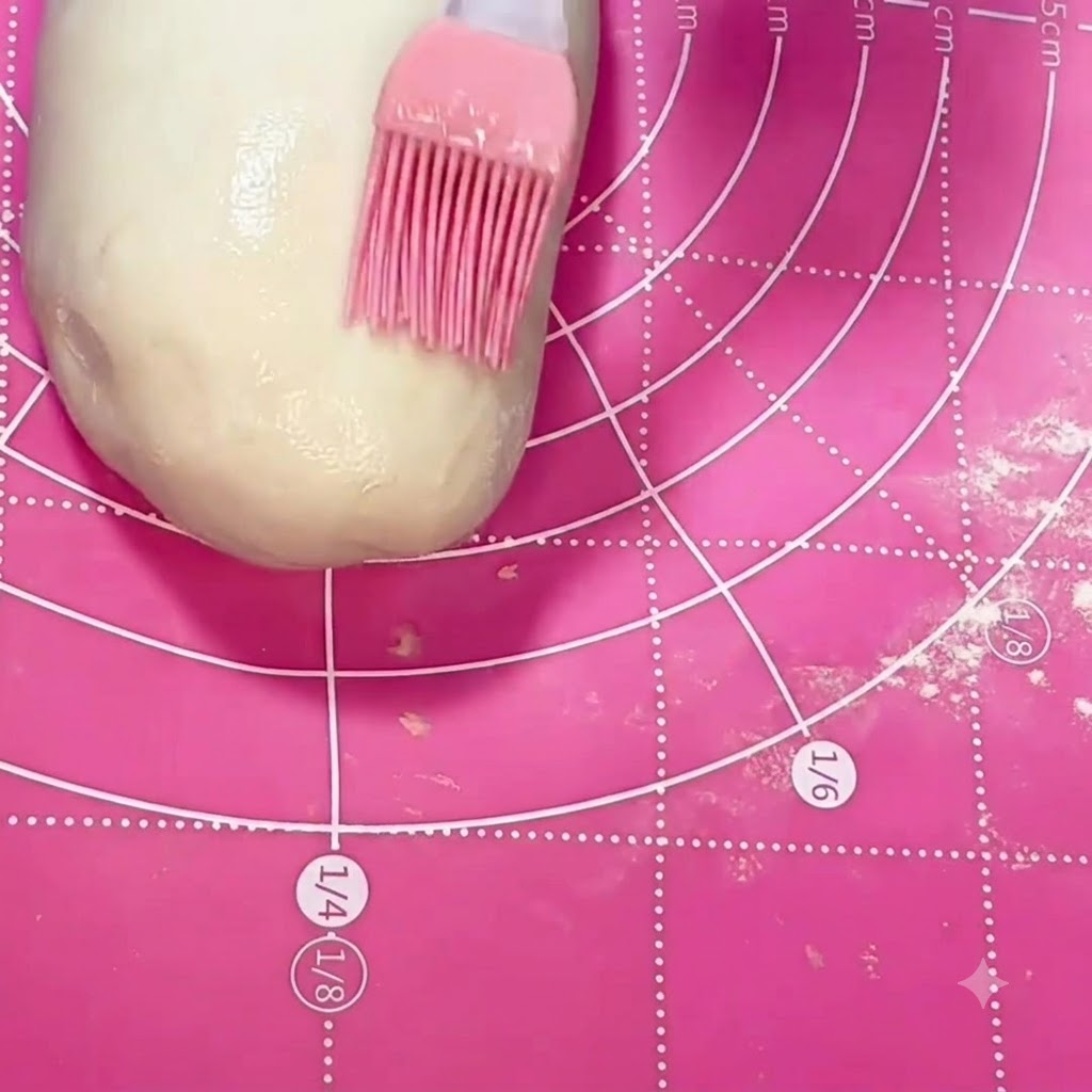 A pink silicone brush spreading oil over a smooth dough log on a pink mat.