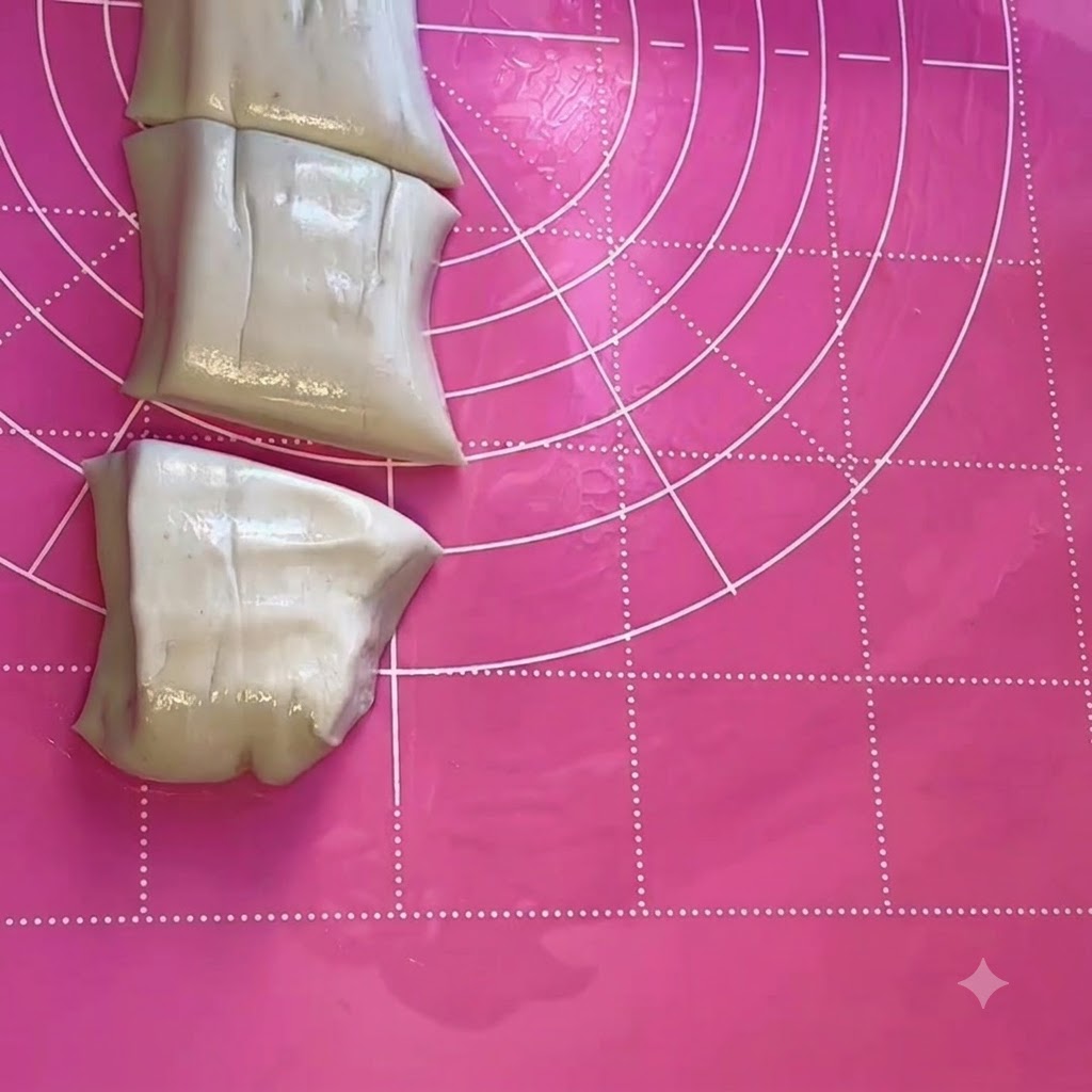 A dough log sliced into multiple smaller portions on a pink rolling mat.
