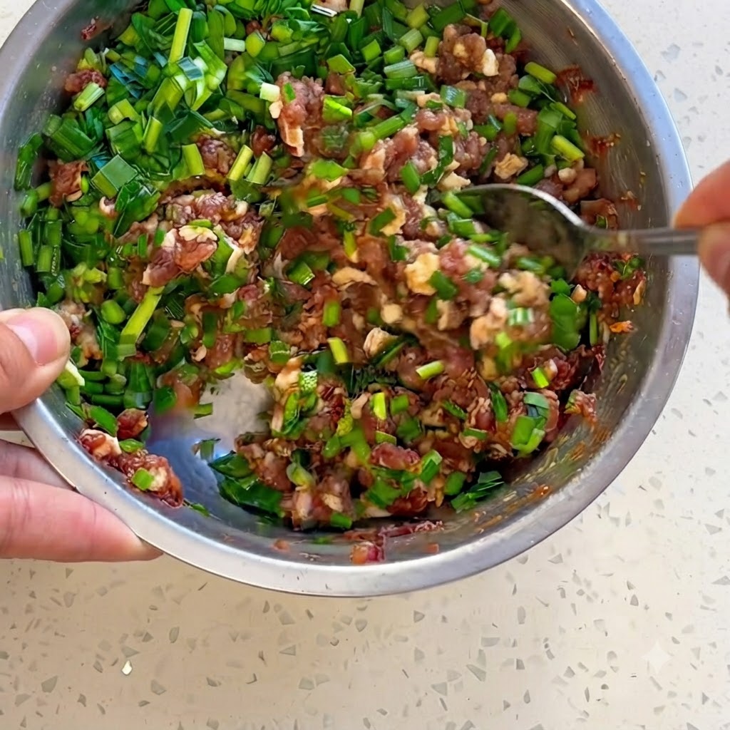 Minced meat and green chives being mixed with seasonings in a steel bowl using chopsticks.