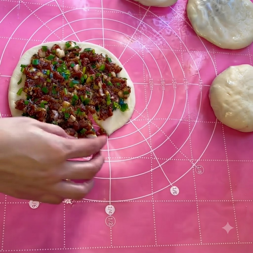 A hand lifting the cut edge of the dough sheet to begin folding it over the meat filling.