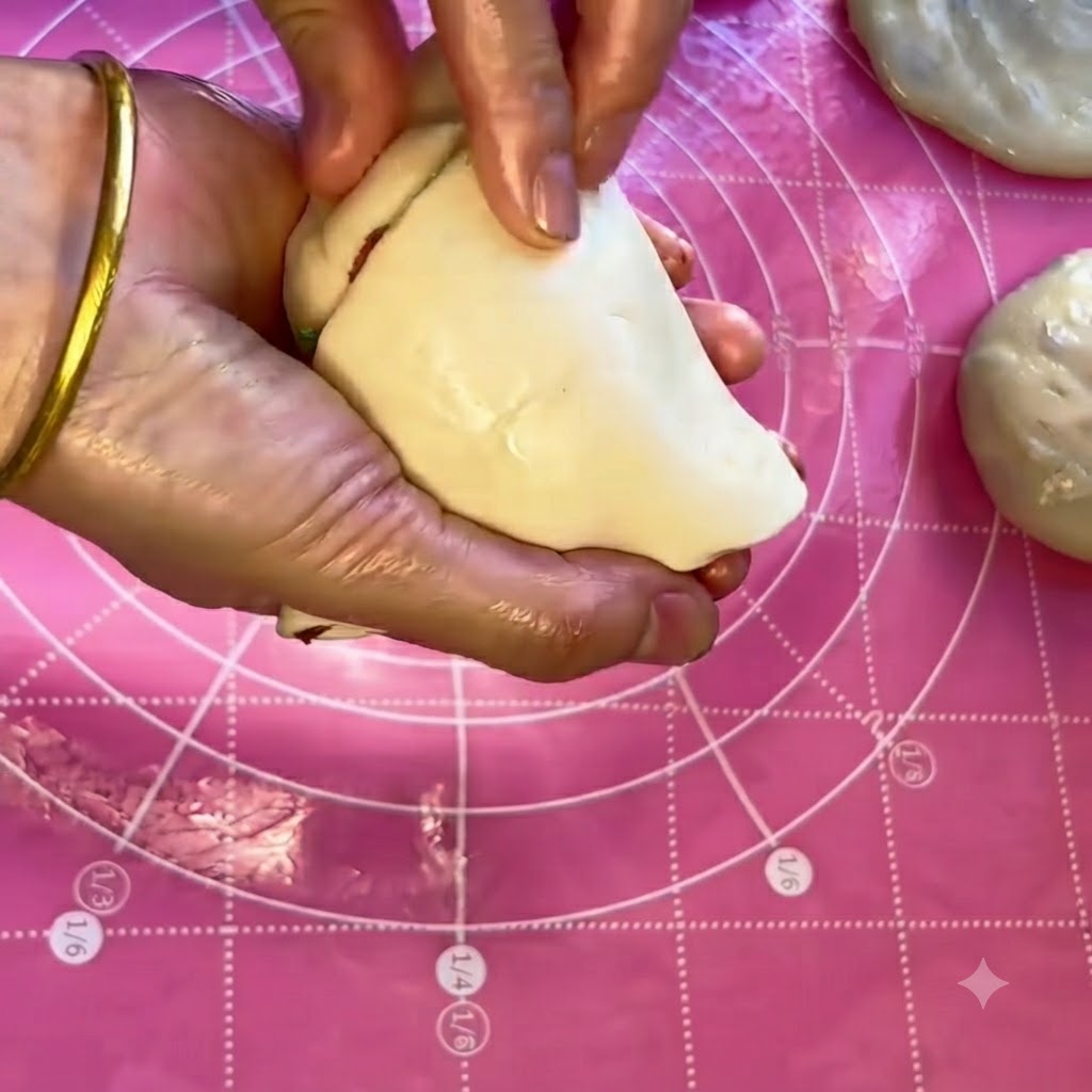 Two hands firmly pinching and sealing the edges of a folded dough pocket to securely enclose the meat filling.