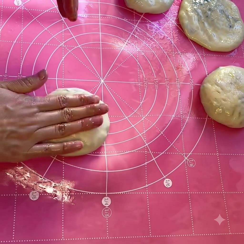 A hand gently pressing down on a filled dough ball to flatten it into a circular pancake.