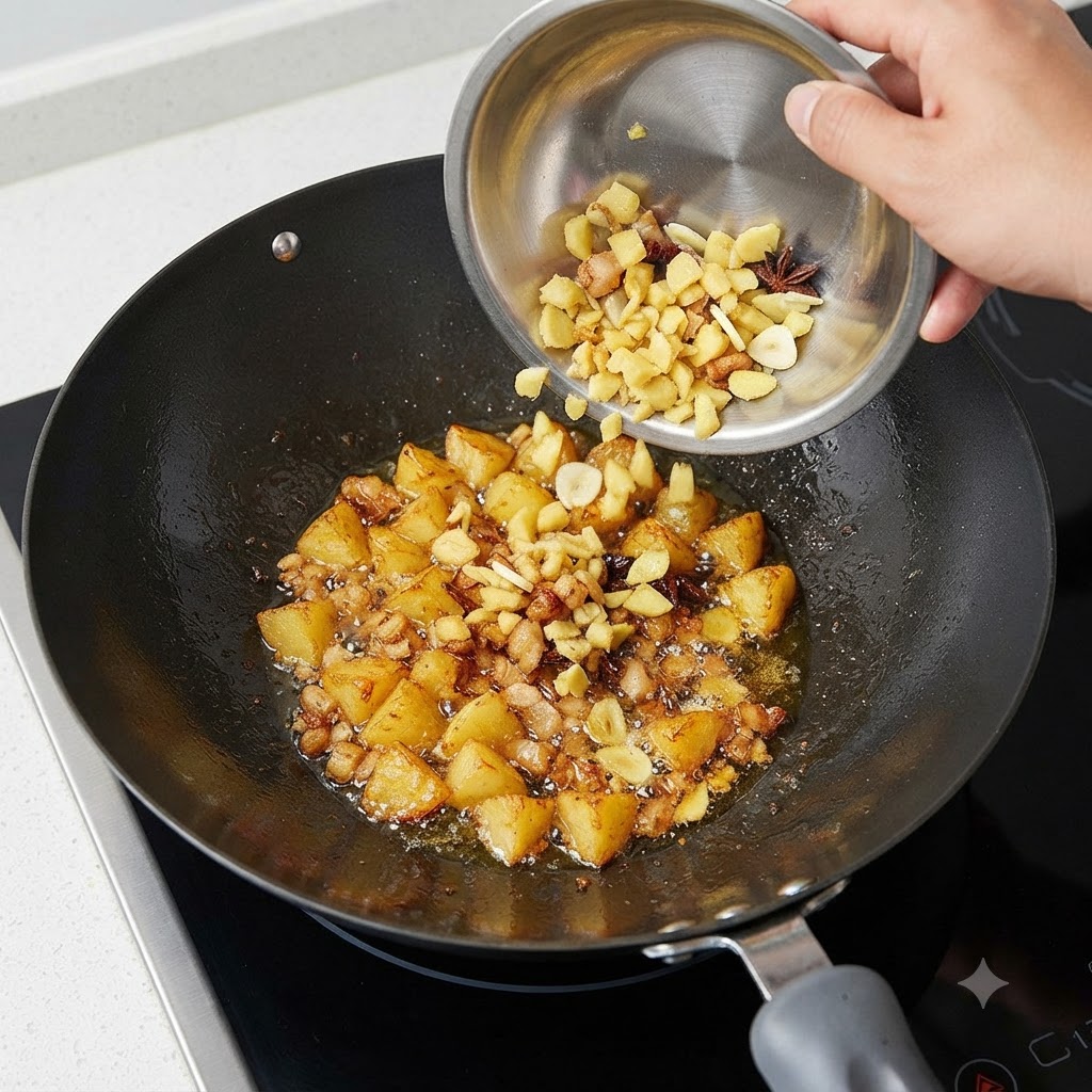 A wok with rendering pork fat and diced ginger being poured into it from a stainless steel bowl.