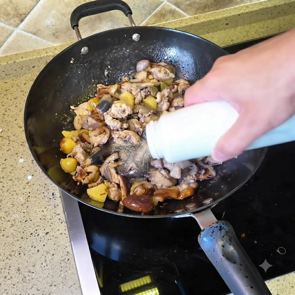 Seasoning being sprinkled from a white bottle onto the chicken mixture in the wok.