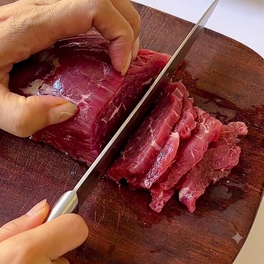 Fresh mushrooms being sliced into even pieces on a wooden cutting board with a knife.