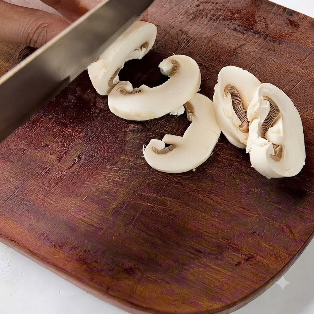 Red onion being sliced into thin strips on a wooden cutting board with a knife.