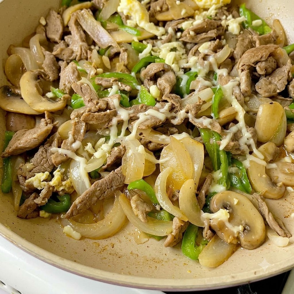 Shredded cheese being sprinkled into the pan over the stir-fried beef and vegetables.