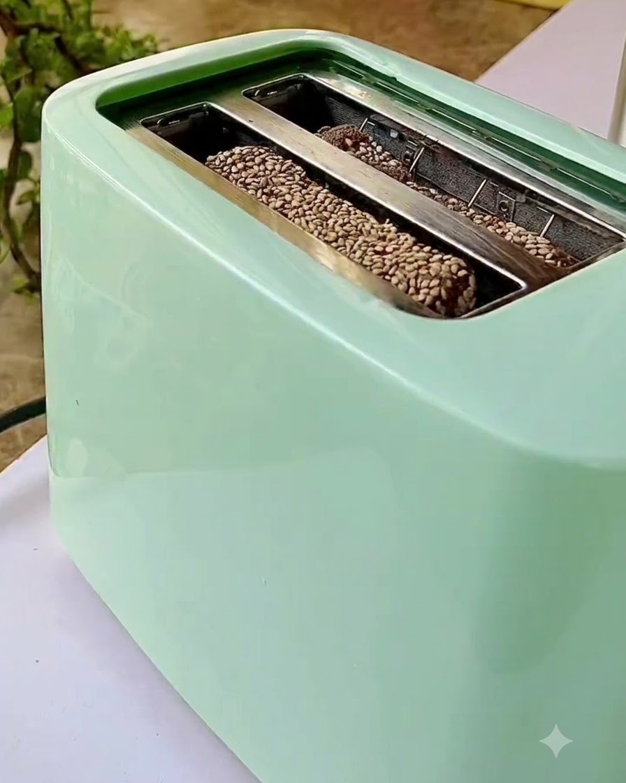 Multigrain bread slices placed inside the slots of a light green toaster.