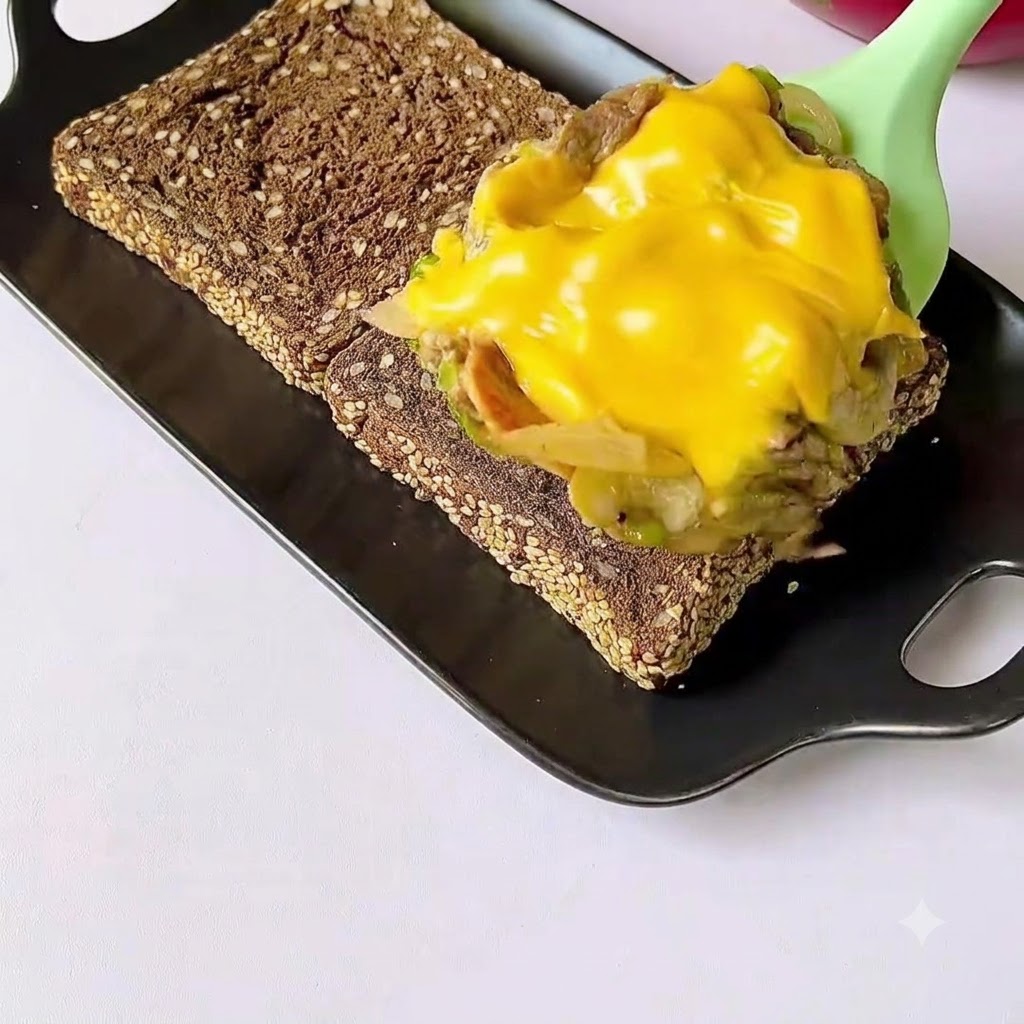 The cooked beef and melted cheese mixture being spooned onto toasted multigrain bread on a black platter.