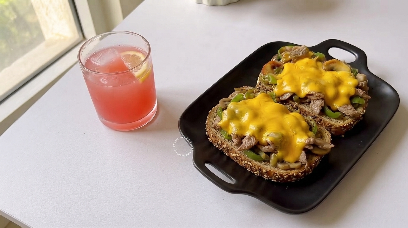 Open-Faced Philly Cheesesteak Toast with Refreshing Beverage