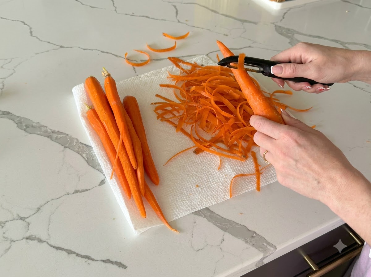 Peeled carrots being diced into very small pieces on a kitchen workspace.