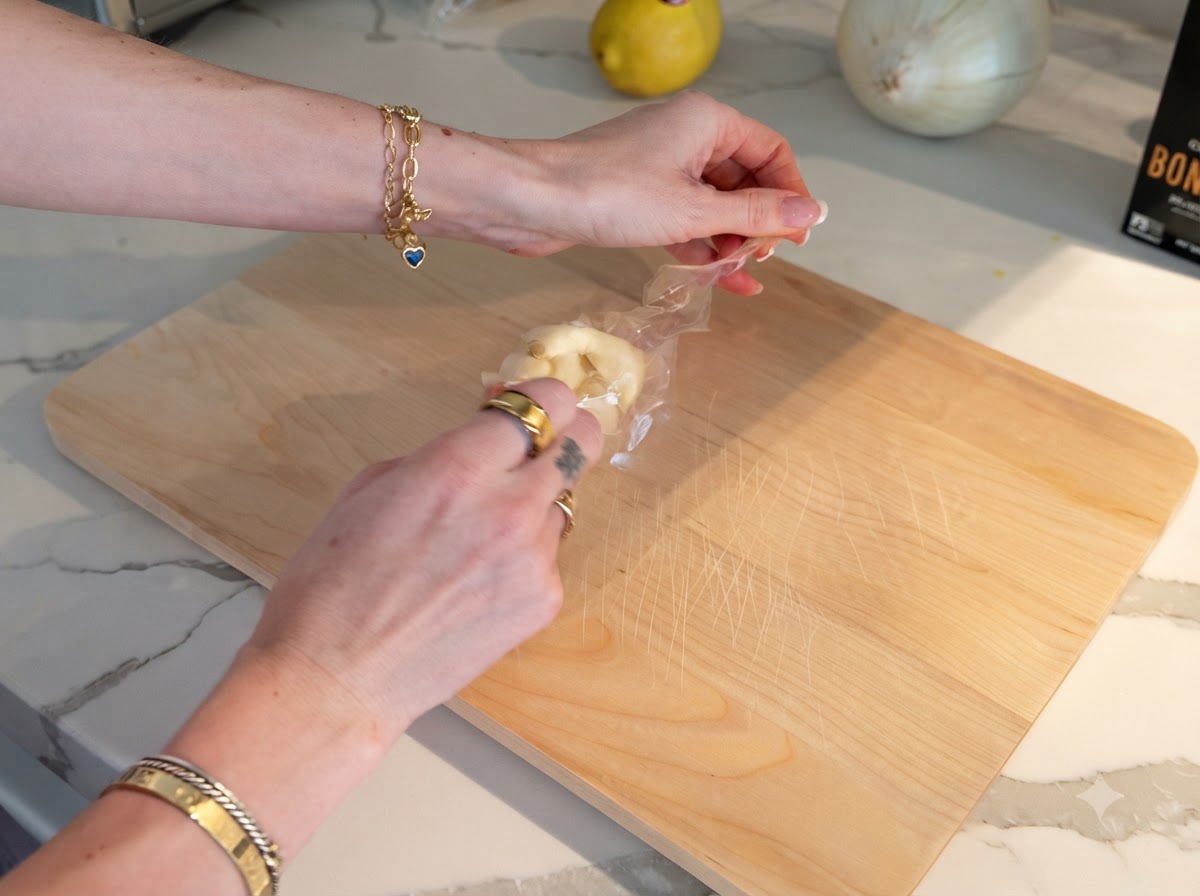 Pre-peeled garlic cloves being unpacked and chopped on a wooden cutting board.