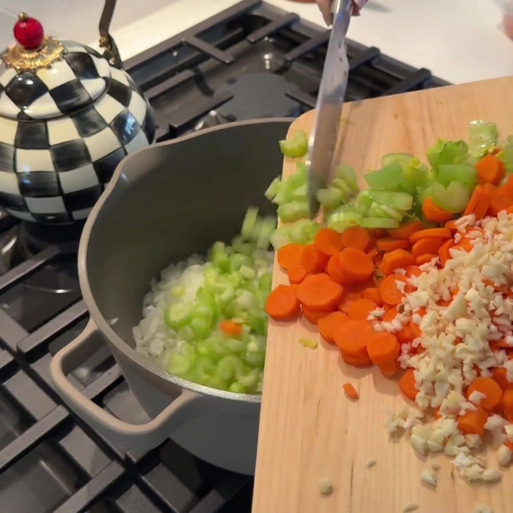 Chopped celery, carrots, and garlic being slid from a wooden cutting board into a grey pot.