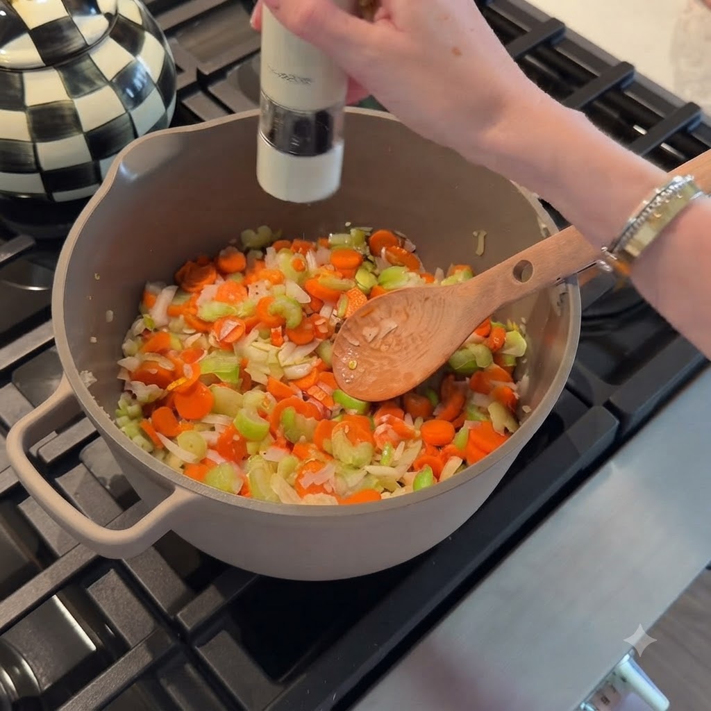Salt being seasoned onto cooking vegetables in a pot while being stirred with a wooden spoon.