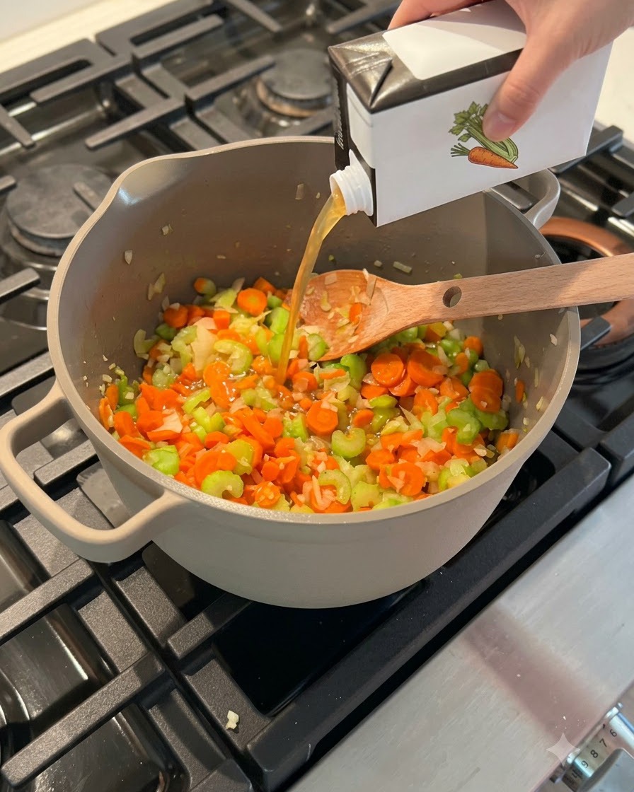 A carton of chicken bone broth being poured into a large grey pot filled with chopped carrots and celery.