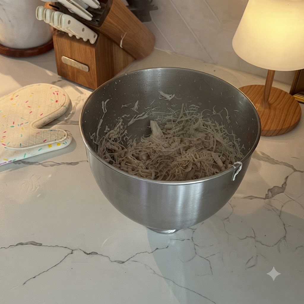 Finely shredded cooked chicken breasts resting in a stainless steel mixing bowl on a marble countertop.