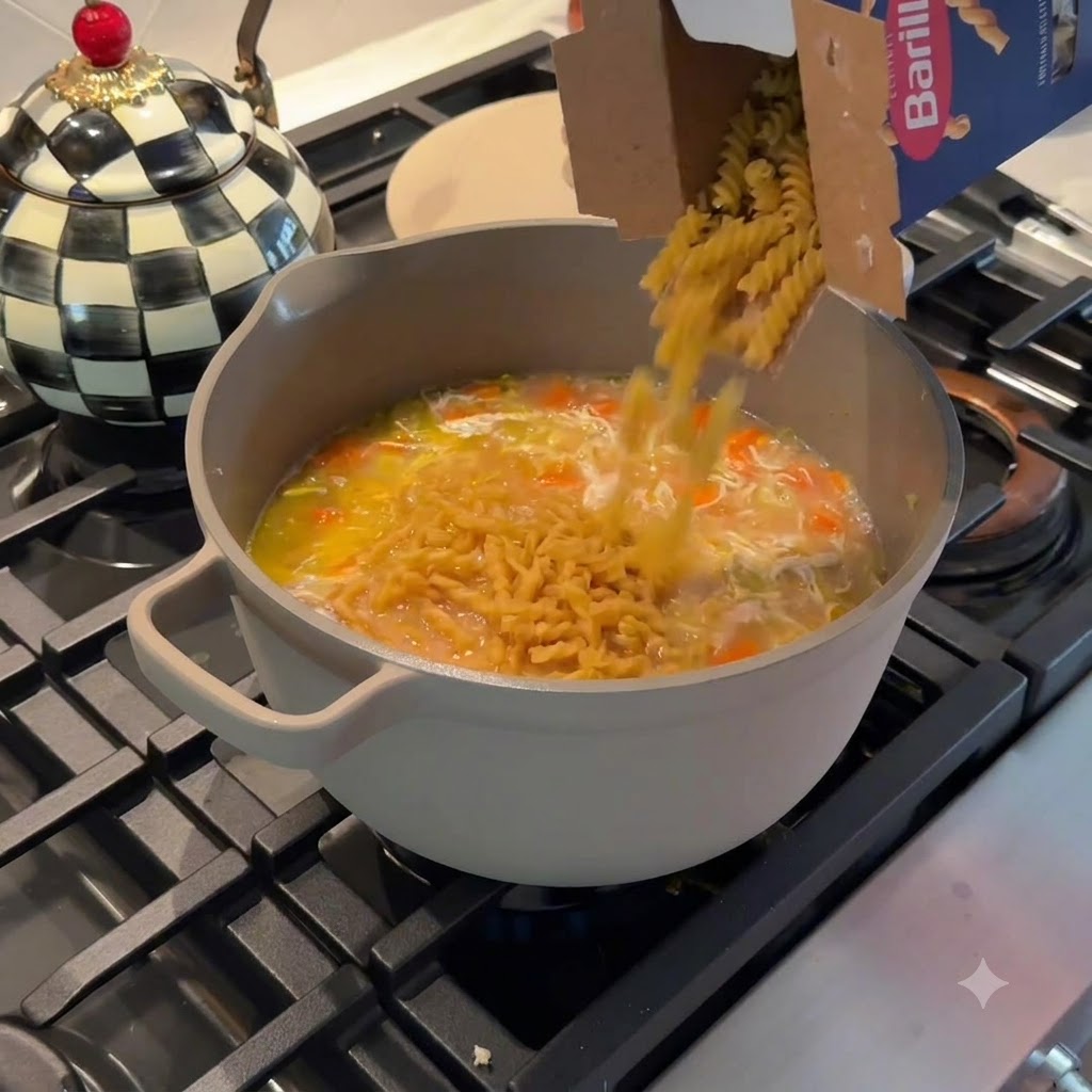 Dry spiral pasta being poured straight from a Barilla box into a pot of simmering chicken noodle soup.